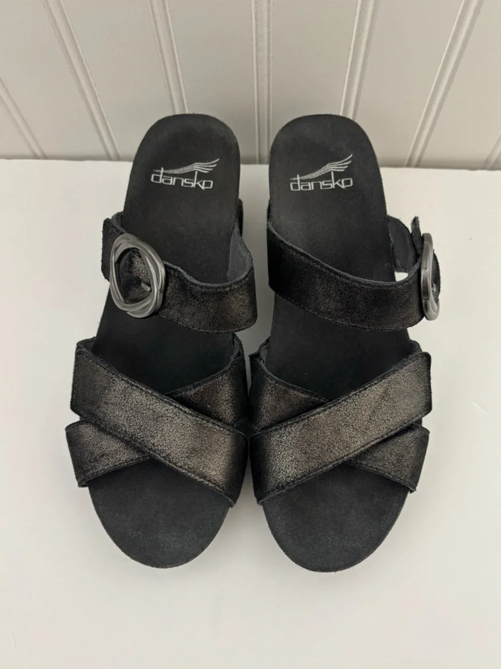 Dansko Susie Black Shimmer Leather Wedge Sandals Size EU 37 US 6.5-7 Comfort